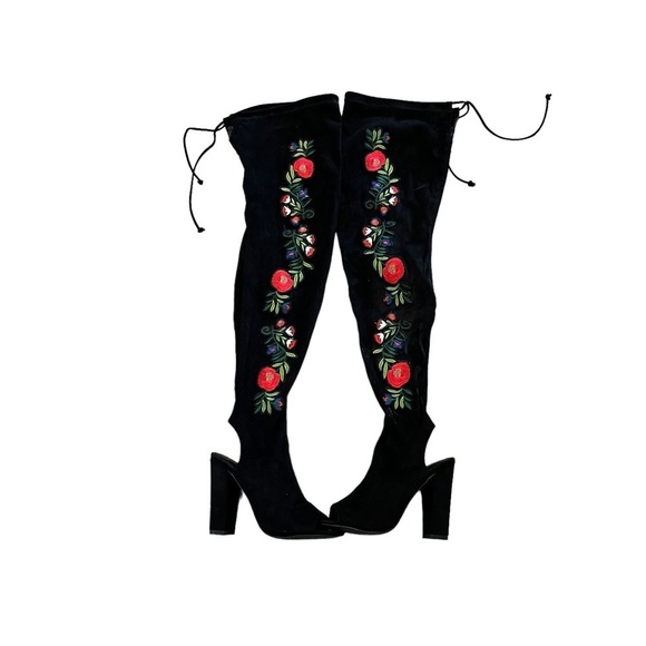 Liliana Thigh High Floral Embroidered Faux Suede 4.5” Heel Open Toe Heel Boots 8 - Picture 1 of 9